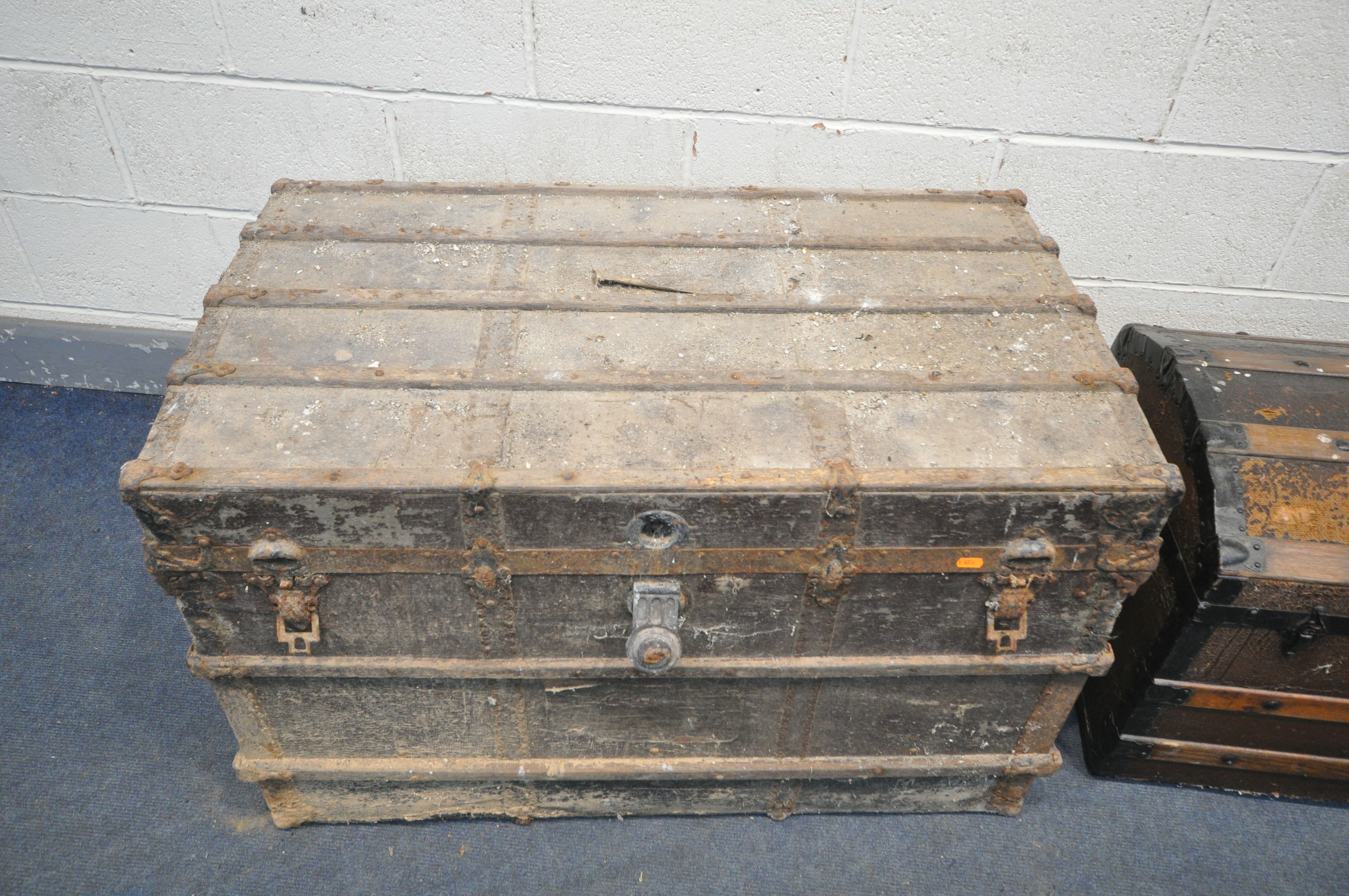 TWO VINTAGE TRAVEL TRUNKS with oak and steel banding to both, one with a domed top width 75cm x - Image 2 of 5