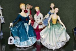 FIVE ROYAL DOULTON AND ROYAL WORCESTER FIGURINES, comprising Royal Doulton Janine HN2461, Cynthia