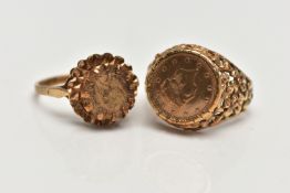 TWO 9CT YELLOW GOLD RINGS, to include an imitation coin ring set within a textrued open work