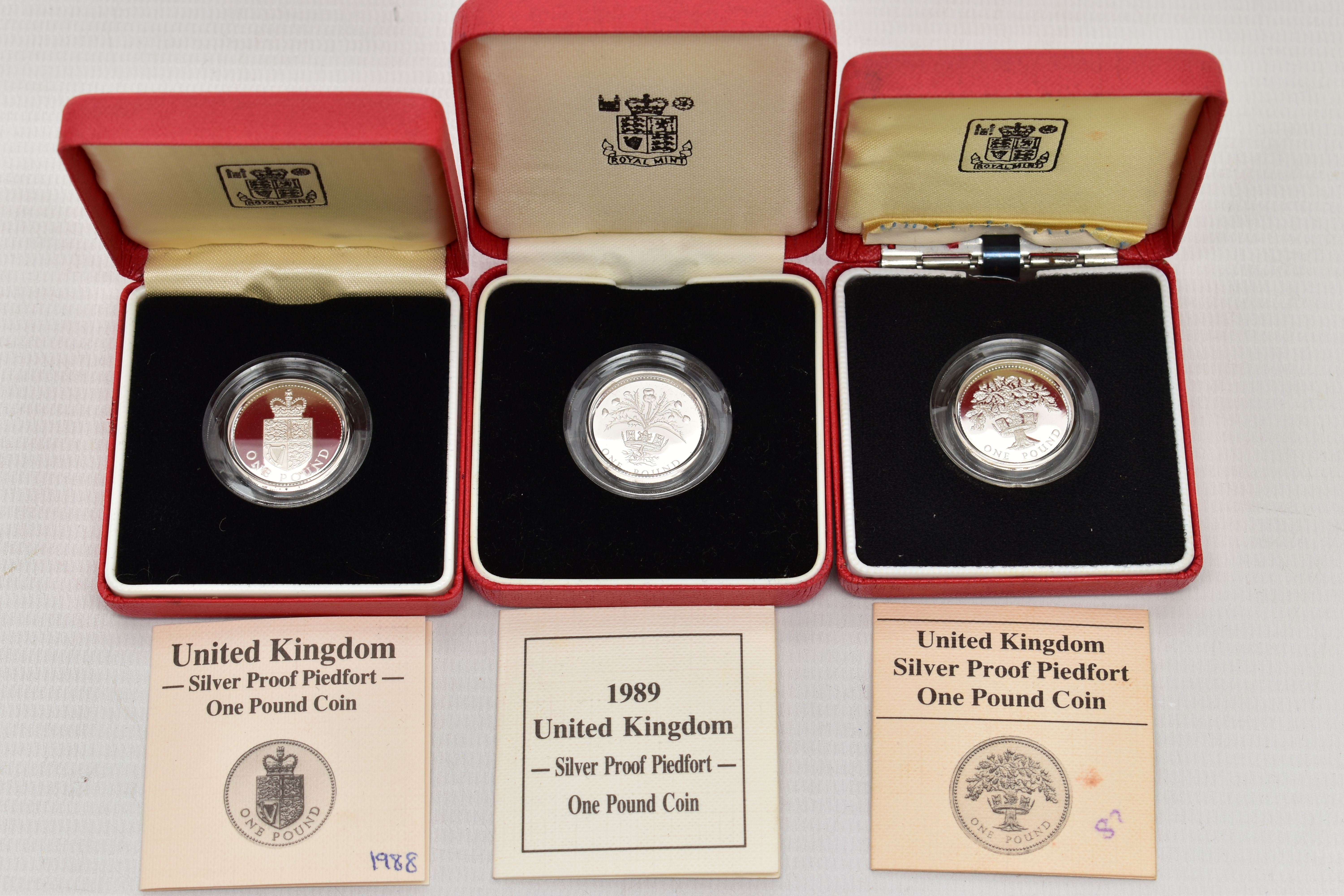 ROYAL MINT PIEDFORT SILVER PROOF ONE POUND BOXED COINS, 1987, 1988, 1989, all contain certificates