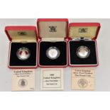 ROYAL MINT PIEDFORT SILVER PROOF ONE POUND BOXED COINS, 1987, 1988, 1989, all contain certificates