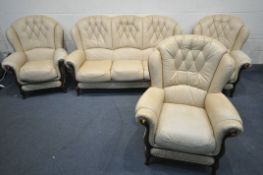 A GEMALINEA CREAM LEATHER FOUR PIECE LOUNGE SUITE, comprising a two seater settee, and three