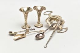 A SELECTION OF SILVER ITEMS, to include a pair of weighted base Edwardian silver posy vases,