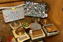 TWO WALDY BAGS AND A SMALL COLLECTION OF POWDER COMPACTS, the Waldy bags painted with flowers and