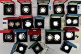A GROUP OF ROYAL MINT SILVER PROOF UK BOXED COINS, to include a 1992-93 Silver proof Piedfort
