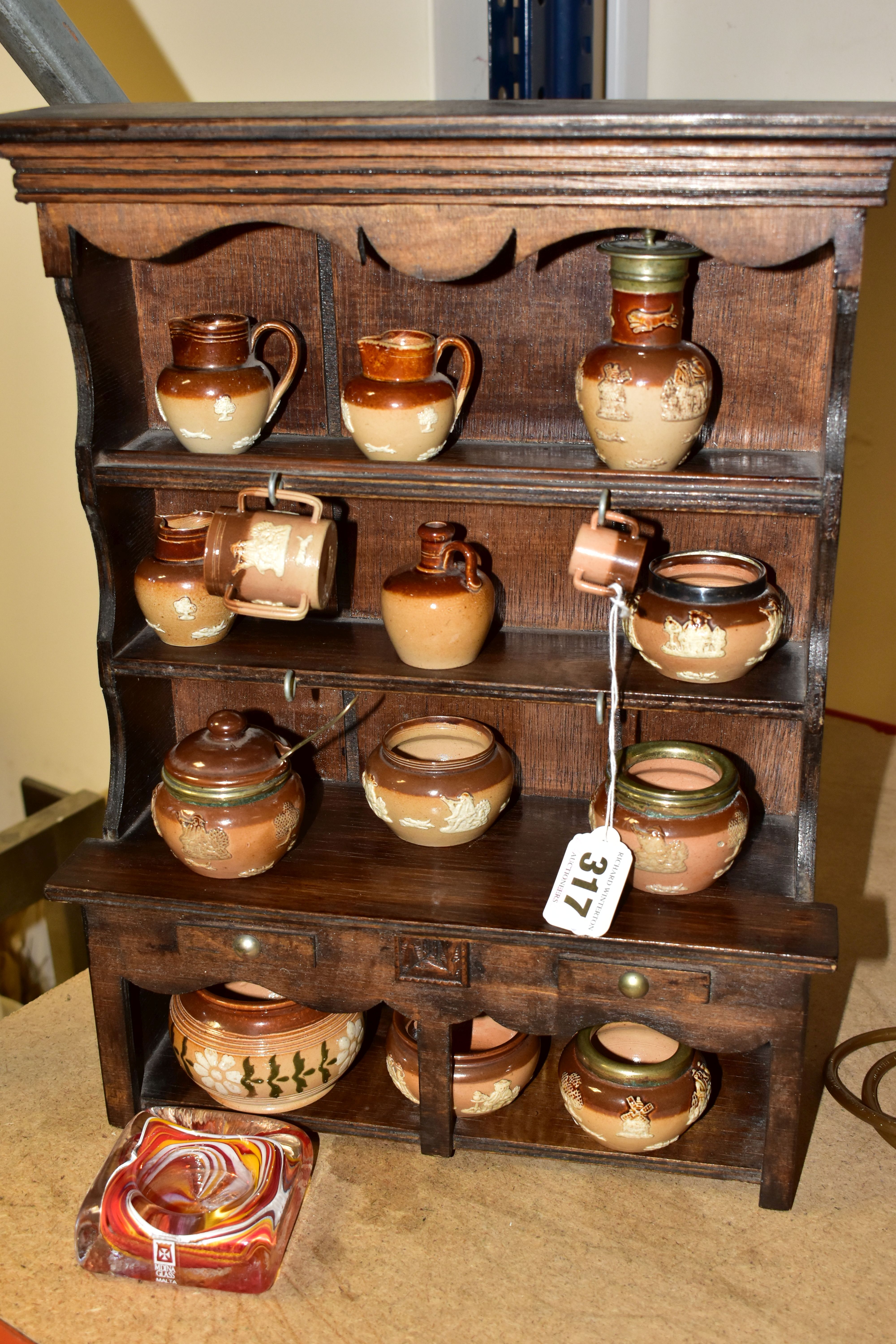 A MINIATURE WOODEN DRESSER by D.E Arthur displaying an assortment of miniature Doulton Lambeth - Image 3 of 5