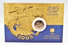 A ROYAL MINT CARDED 2005 GOLD BULLION HALF SOVEREIGN COIN, 19.3mm, 3.99 grams, issue limit 75,000,