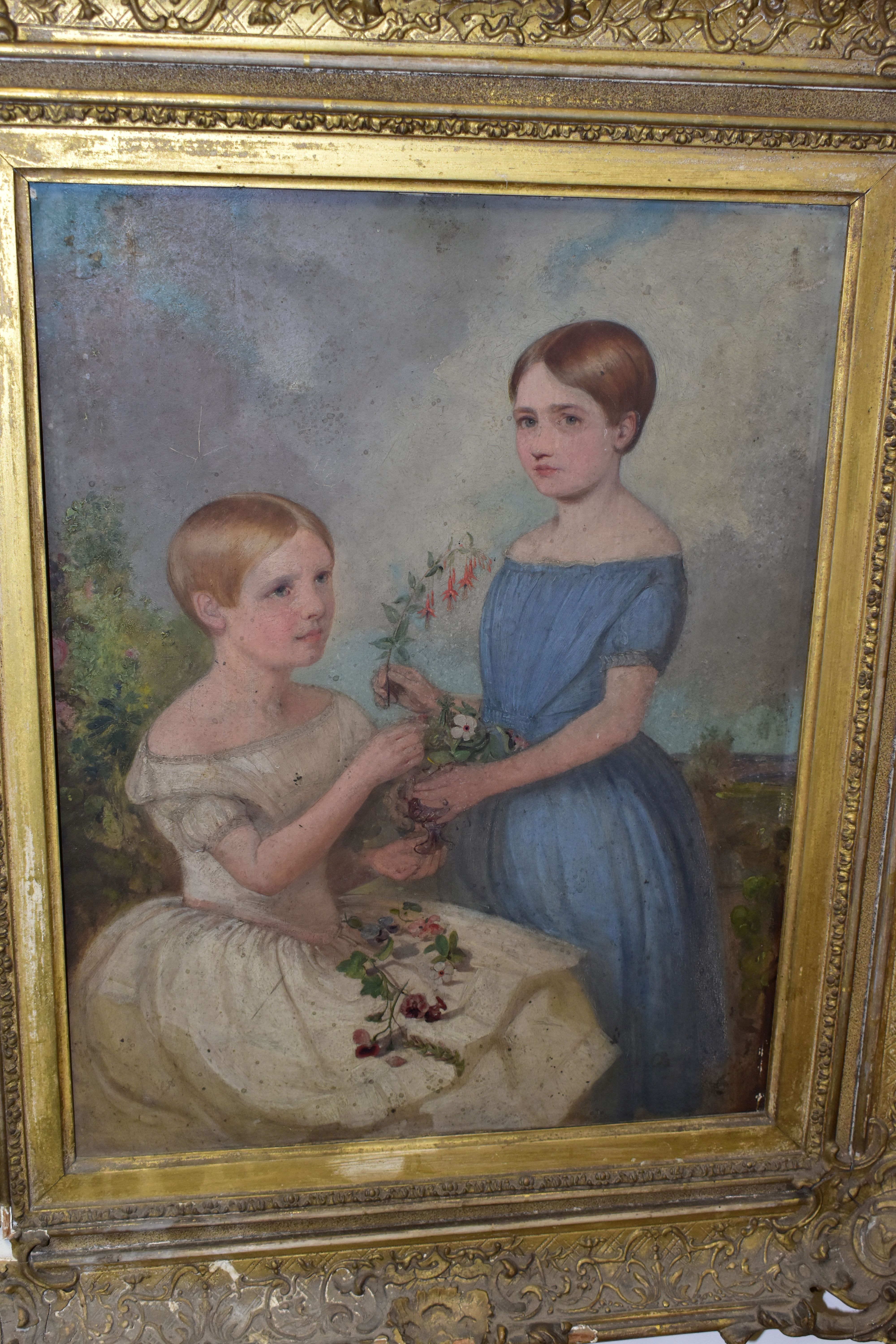 AN EARLY VICTORIAN PORTRAIT STUDY DEPICTING TWO YOUNG FIGURES, one is standing and wears a blue - Image 2 of 7