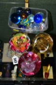 A GROUP OF PAPERWEIGHTS AND MARBLES, comprising three Selkirk Glass paperweights 'Festival' 2000, '