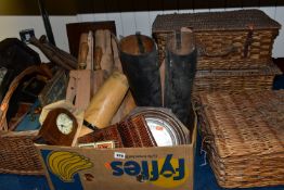 THREE BOXES AND LOOSE TREEN, BASKETS AND SUNDRY ITEMS, to include a Brexton Collection picnic hamper