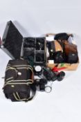 A CASE AND A TRAY CONTAINING A CANON EOS 100 FILM SLR fitted with a EF mk2 28-80mm f3.5 lens, a