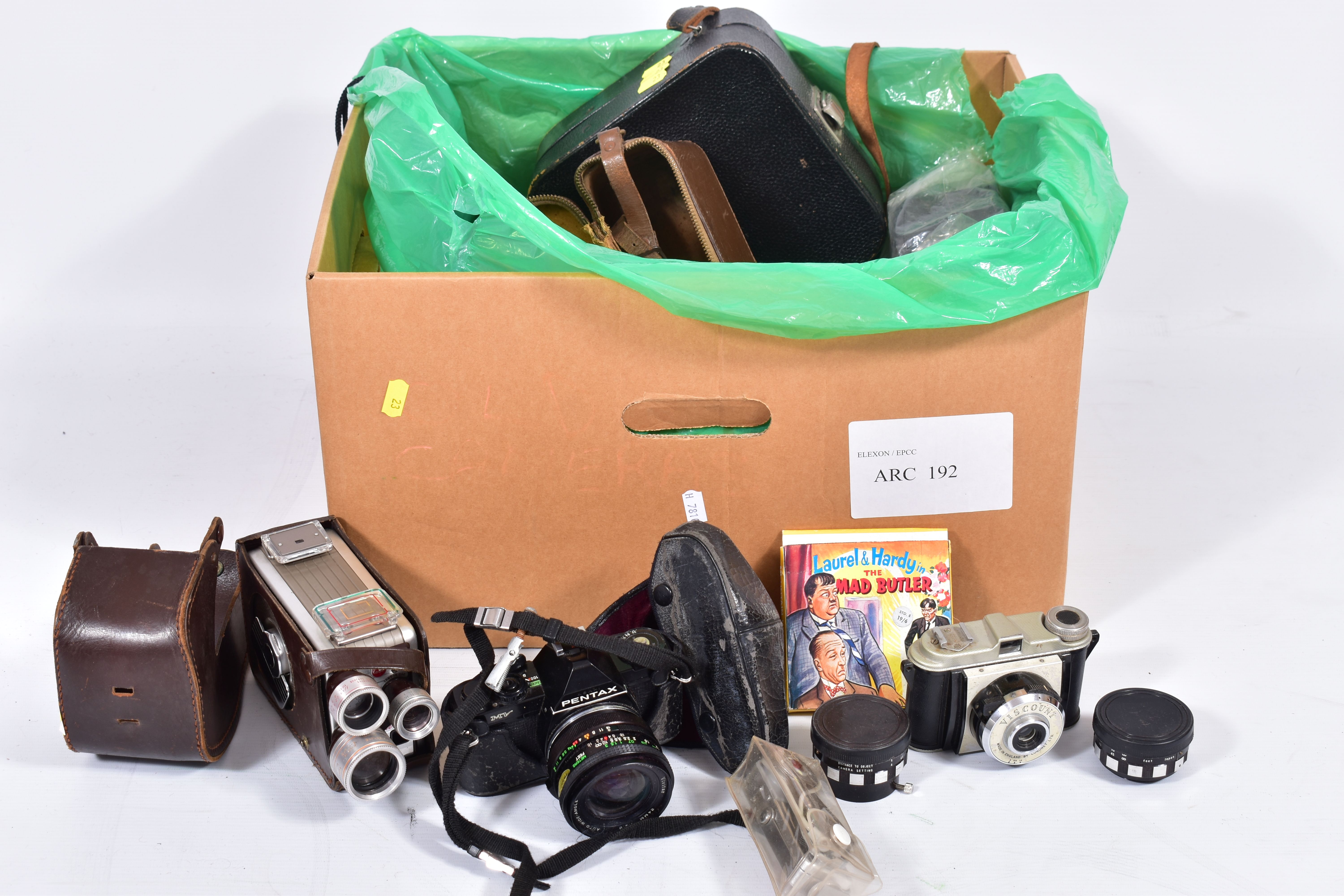 A TRAY CONTAINING CAMERA AND OPTICAL EQUIPMENT including a Pentax MV fitted with a Vivitar 24mm wide