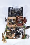 FOUR TRAYS CONTAINING BINOCULARS, MICROSCOPES,LENSES AND PARTS including Carl Zeiss Jena Jenoptem