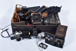 A TRAY CONTAINING CAMERAS AND LENSES including a Praktica LLC fitted with a CZJ Pancolour 50mm f1.