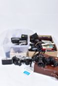 TWO TRAYS AND A CASE CONTAINING CAMERA EQUIPMENT including a Canon T70 Film SLR body, a Braun