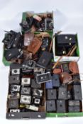 FIVE TRAYS CONTAINING CORONET AND ENSIGN FOLDING AND BOX CAMERAS as well as Pathe Cine Cameras,