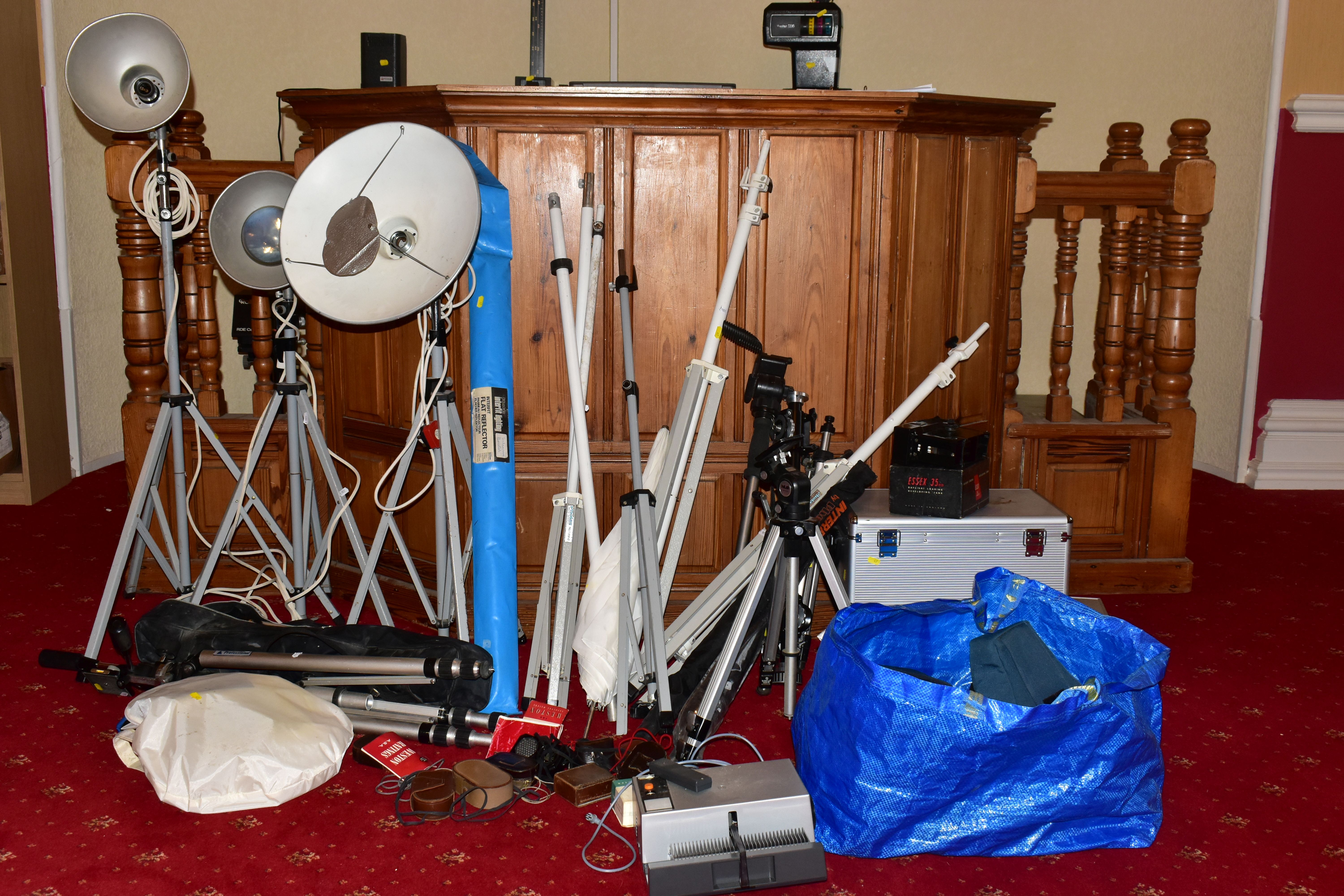 A QUANTITY OF TRIPODS AND LIGHTING STANDS including a Heiwa Professional , two Photax 9in Reflectors