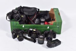 A TRAY CONTAINING CANON FILM AND DIGITAL SLR CAMERAS AND LENSES including an EOS 700D fitted with