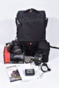 A MANFROTTO CAMERA RUCK SACK CONTAINING A NIKON D90 DIGITAL SLR CAMERA with charger, cable and one