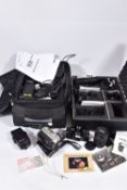 AN ALUMINIUM CASE AND A SUITCASE CONTAINING CAMERA EQUIPMENT including a Canon A-1 Film SLR body , a