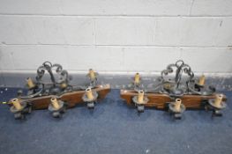 A PAIR OF FRENCH WROUGHT SIX BRANCH CEILING LIGHTS, width 65cm x drop 60cm