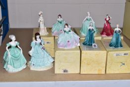 NINE COALPORT FIGURINES, comprising seven boxed Debutante series figurines - two Cinderella's Ball