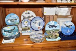 A GROUP OF ROYAL DOULTON AND COALPORT COLLECTOR'S PLATES TOGETHER WITH TWO PRINTS OF SPITFIRES,