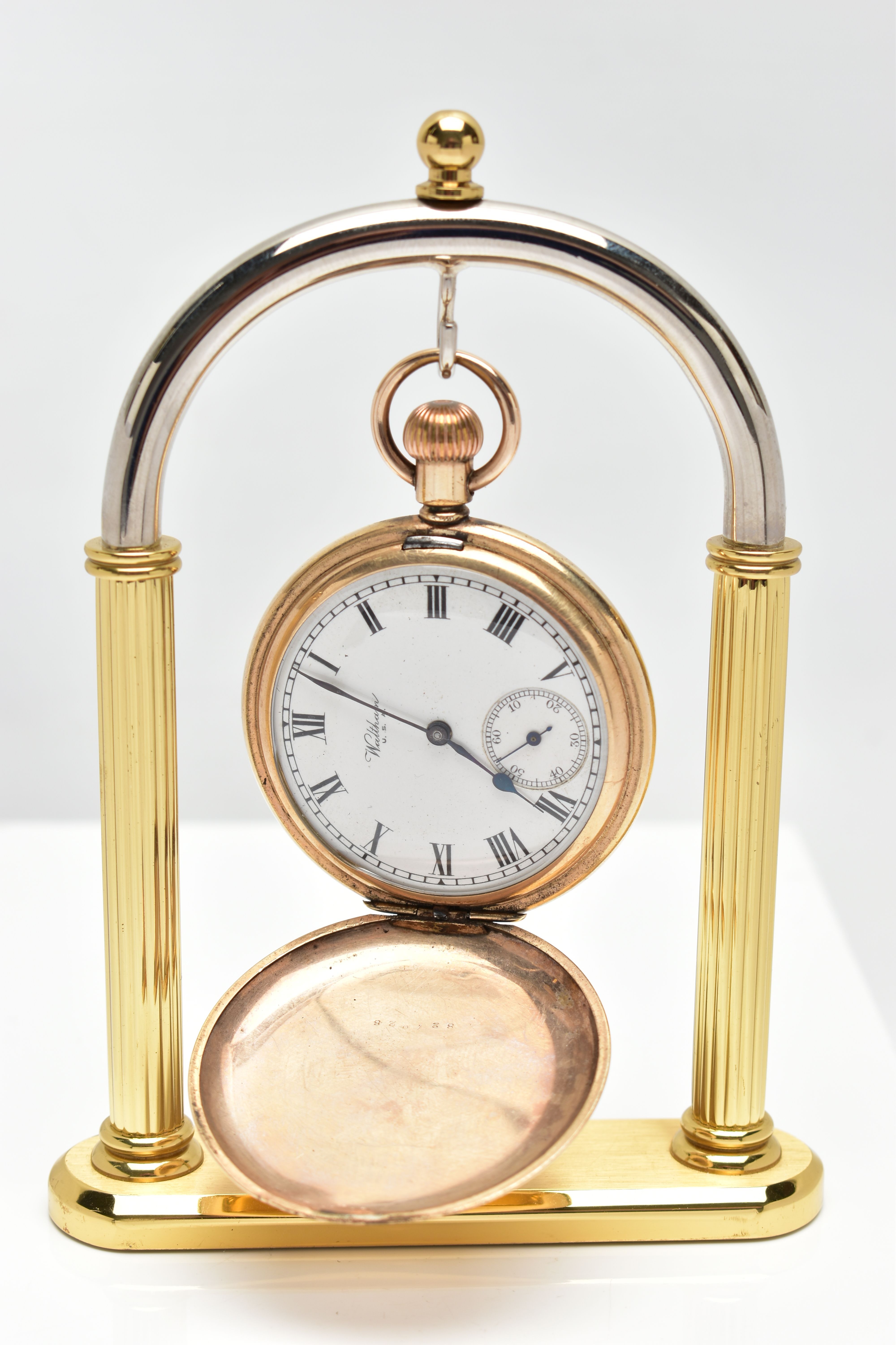A GOLD PLATED FULL HUNTER 'WALTHAM' POCKET WATCH AND STAND, manual wind, round white dial signed '