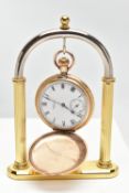 A GOLD PLATED FULL HUNTER 'WALTHAM' POCKET WATCH AND STAND, manual wind, round white dial signed '