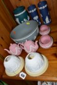 A GROUP OF WEDGWOOD JASPER WARE, comprising two miniature pink teapots (one marked as second