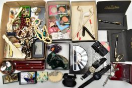 A BOX OF ASSORTED ITEMS, to include various cufflinks, brooches, fruit knives, a ladies 'Rotary'