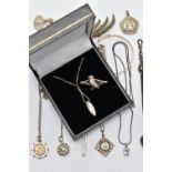 A SELECTION OF SILVER AND WHITE METAL JEWELLERY, to include a silver Victorian pendant of a circular