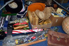 SEVEN BOXES OF ASSORTED SUNDRIES, to include three golf umbrellas, 1970's roller skates, marbles,