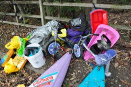 A QUANTITY OF OUTDOOR RECREATIONAL EQUIPMENT including two Razor child's Trikes (some losses)
