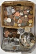 A CARDBOARD BOX CONTAINING COINS AND TOKENS TO INCLUDE, George III copper with some Irish copper,