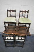 AN ERCOL OLD COLONIAL EXTENDING DINING TABLE, length 115cm x depth 72cm x height 74cm, a set of four
