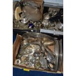 THREE BOXES OF ASSORTED WHITE METAL WARE, to include ten trays, a white metal and glass cruet set, a
