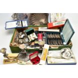 A BOX OF ASSORTED ITEMS, to include white metal trays, a candelabra, chamber candle stick holder,