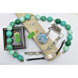 AN ASSORTMENT OF WHITE METAL AND BEADED JEWELLERY, to include a ladies 'Rotary' wristwatch, the