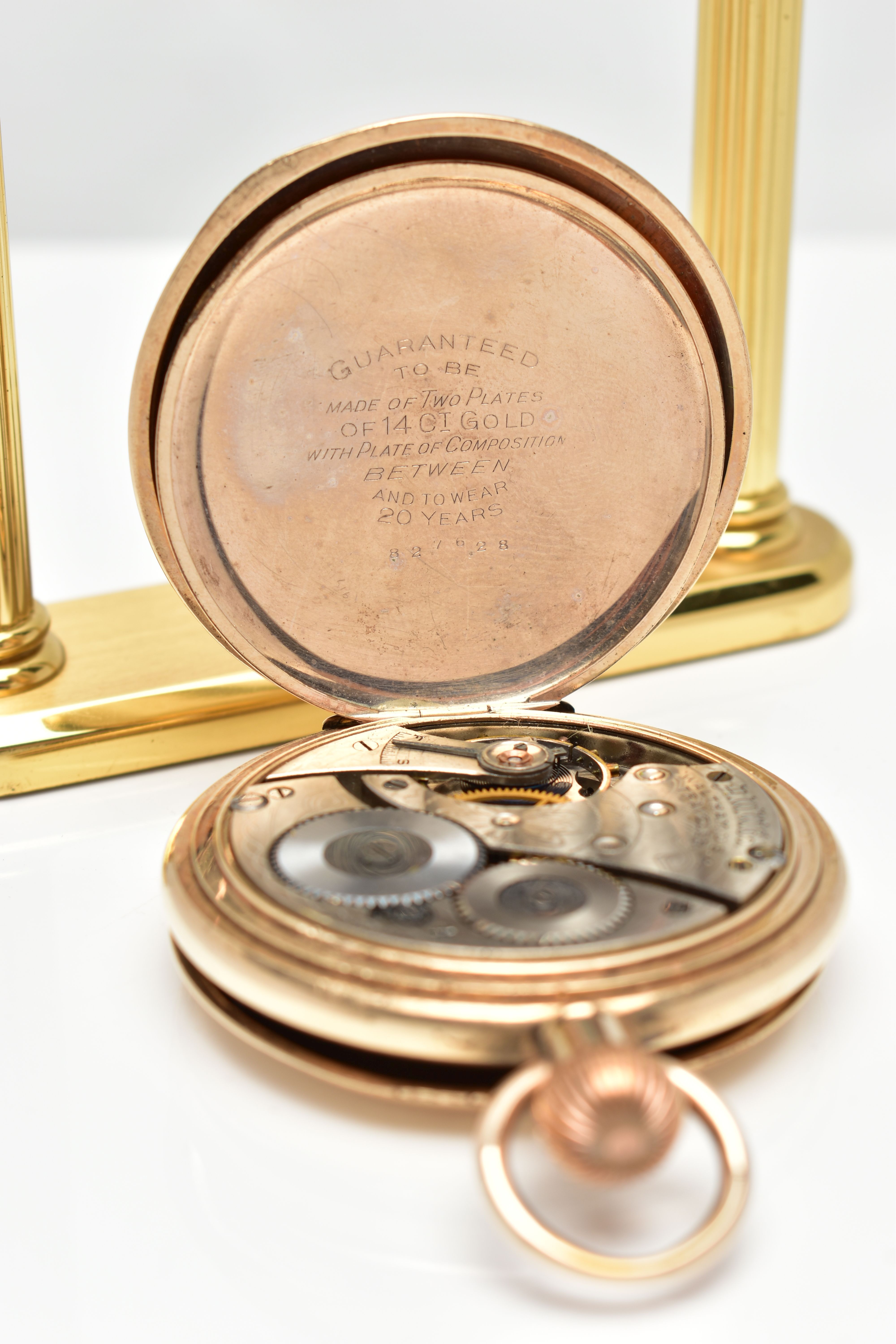 A GOLD PLATED FULL HUNTER 'WALTHAM' POCKET WATCH AND STAND, manual wind, round white dial signed ' - Image 5 of 6