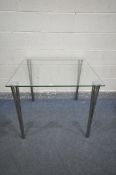 A CONTEMPORARY SQUARE GLASS TOP TABLE, on four shaped chrome legs, 86cm squared, height 75cm (good