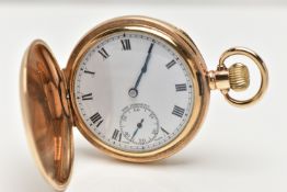 A GOLD PLATED FULL HUNTER POCKET WATCH, the circular white enamel dial, with black Roman numerals,