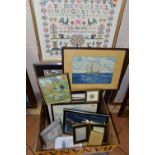 A BOX AND LOOSE PICTURES AND PRINTS ETC, to include an Alfred Ashdown Box watercolour landscape with
