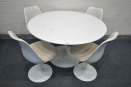AN ARKANA STYLE CIRCULAR TULIP DINING TABLE, diameter 121cm x height 73cm, and four chairs (