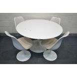 AN ARKANA STYLE CIRCULAR TULIP DINING TABLE, diameter 121cm x height 73cm, and four chairs (