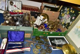 FOUR BOXES AND LOOSE METALWARE, PICTURES, BOOKS, ETC, including a brass and iron chestnut roaster,