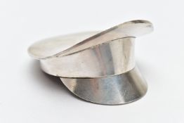 A SILVER MINIATURE MODEL OF A CAPTAINS HAT, polished captains hat, hallmarked 'JBP' Sheffield