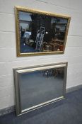A MODERN SILVERED FRAME BEVELLED EDGE WALL MIRROR, 122cm x 97cm, and a gilt framed wall mirror (2)