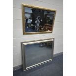 A MODERN SILVERED FRAME BEVELLED EDGE WALL MIRROR, 122cm x 97cm, and a gilt framed wall mirror (2)
