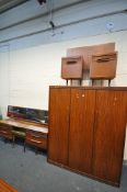 A MID CENTURY WHITE AND NEWTON TEAK BEDROOM SUITE, comprising a triple door wardrobe, a dressing